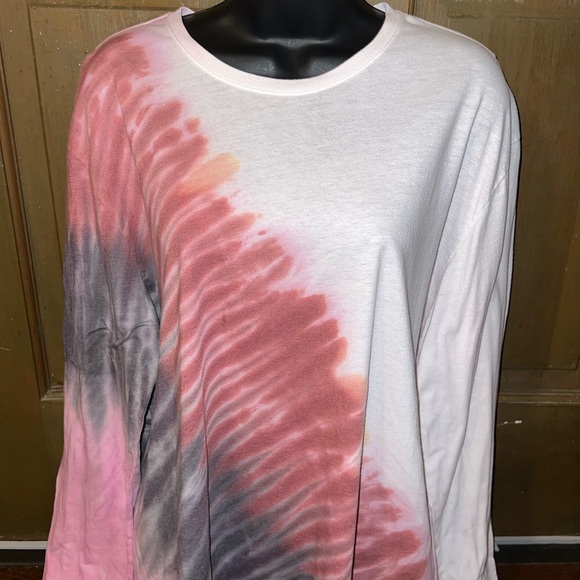 White, Pink & Black Split Tie-Dye Long Sleeve Upcycled Crewneck Shirt Size XL - Picture 3 of 10